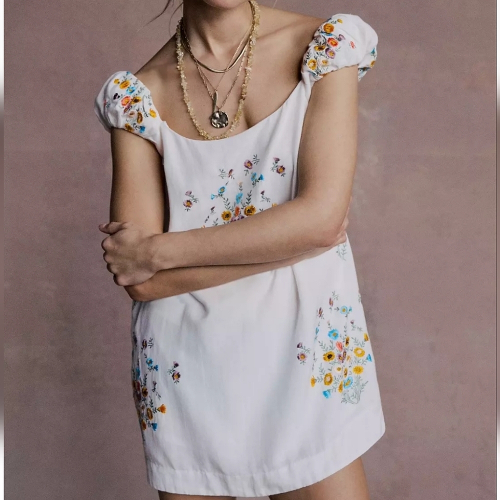 Free People Wildflower Embroidered Mini Dress Tunic Cream Womens Sz Med Boho